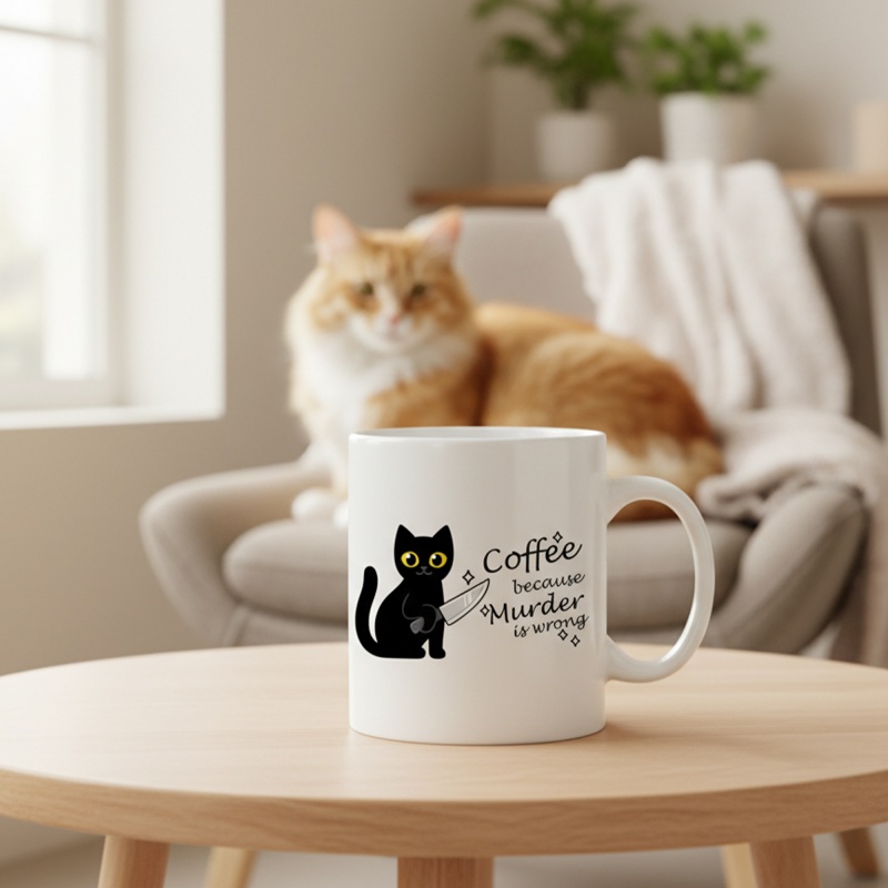 Coffee Tea Wrong - 面白い猫柄のコーヒーマグカップ「殺人は間違っているからコーヒーを飲む」のスローガン入り - 11オンスのセラミックマグカップ（紅茶・コーヒー用）