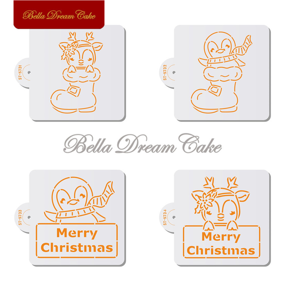 Coffee Stencil Art - DIY、クッキー型、ケーキデコレーションツール、ベーキング用品、メリークリスマス、ペンギン、鹿、コーヒー、フォンダン、4ピース/セット用のクッキーステンシルテンプレートテンプレート