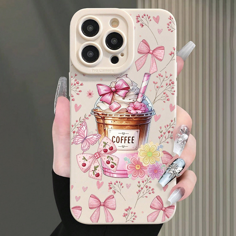 Coffee Plus Tea - ピンクのリボンとコーヒー柄のミルクティープリントスマホケース、Samsung Galaxy S26 S25 S24 S23
