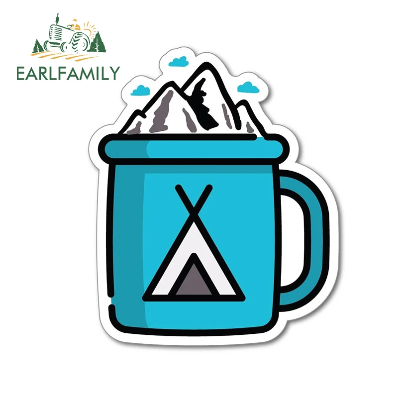 Coffee X Tea - Earlfamily-コーヒーと山の車のステッカー、落書きデカール、青いお茶カップ、風景、DIY、スクラッチデコレーション、13cm x 10.9cm