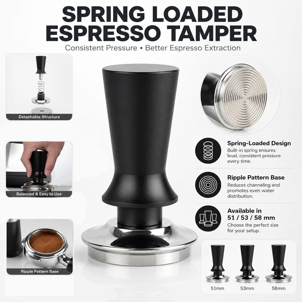 Coffee Tamper Leveler - 1個入り 51/53/58 mmコーヒータンパー、タンピングツール、アルミハンドルとステンレススチールベース、プロ仕様のコーヒーレベラーツール。