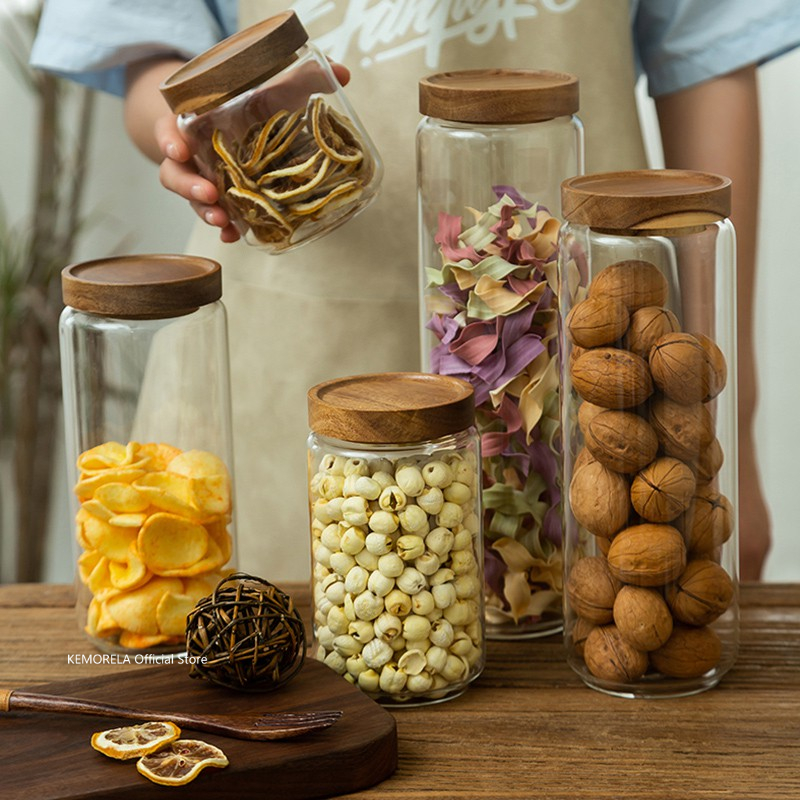 Coffee Tea Sugar Container Set - 木製蓋ガラス気密キャニスターキッチン収納ボトル瓶食品容器穀物茶コーヒー豆穀物キャンディージャー容器