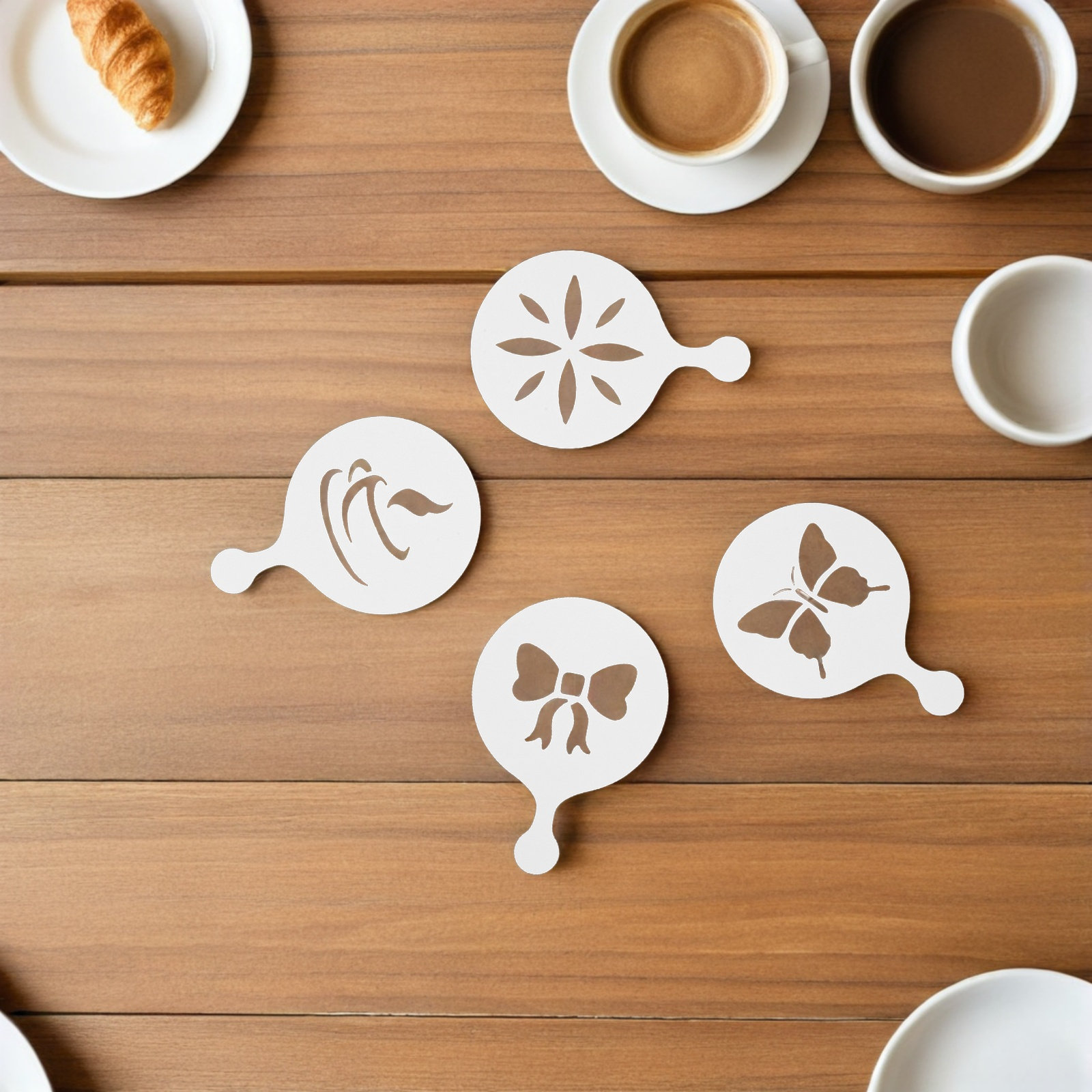 Coffee Stencil Art - 8個入りコーヒーラテアートステンシル 再利用可能なプラスチックテンプレート カプチーノ、クッキー、ケーキデコレーション用 葉っぱ、蝶、花