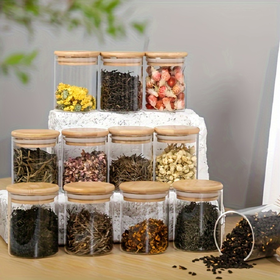 Coffee Tea Sugar Container Set - 竹の蓋付きの気密ガラス収納ジャー,ポータブルで透明な容器,家庭用キッチン,コーヒー,砂糖で満たされた12ユニット