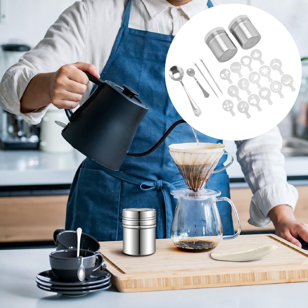 Coffee Stencil Art - ステンレス鋼ラテアートペンポータブルデザイン再利用可能なステンシルコーヒーデコレーションステンシルシェーカー付きコーヒー型ツール