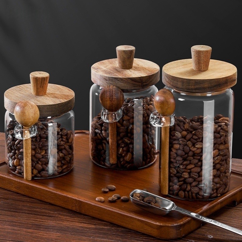 Coffee Tea Sugar Container Set - ABJIガラスジャー 木製蓋とスプーン付き 13オンス、20オンス、30オンス コーヒー、紅茶、砂糖用キャニスター 3個セット 透明ガラス保存容器