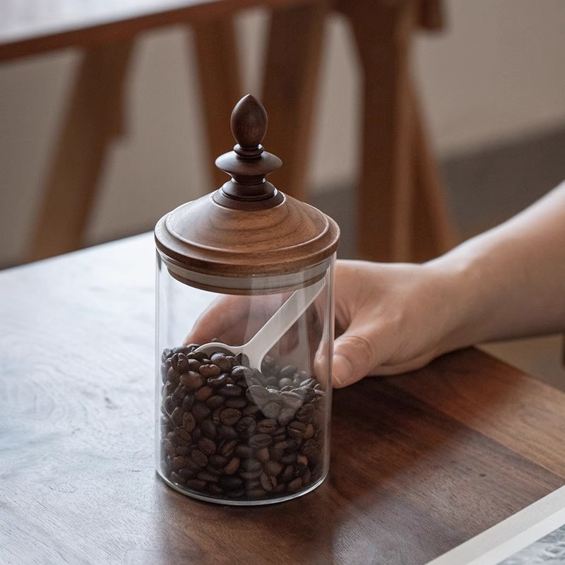 Coffee Tea Bean Leaf - アメリカンスタイル家庭用コーヒー豆保存瓶 高級感のある装飾 茶葉保存 ガラス密封瓶 クルミ材蓋