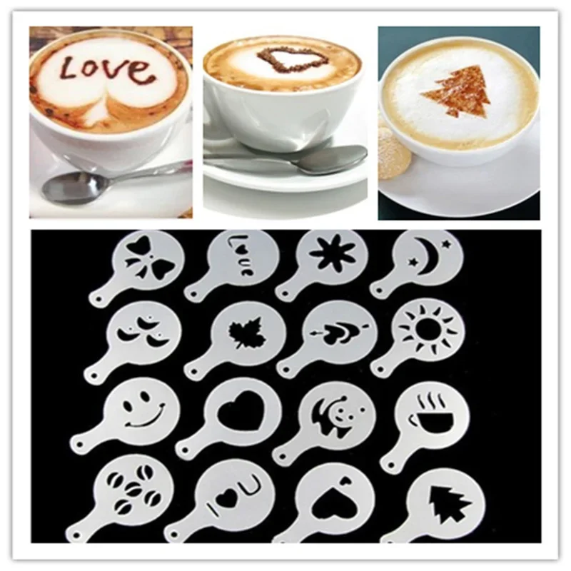 Coffee Stencil Art - 芸術的なステンシルケーキダスターテンプレート、コーヒーモールド、カプチーノバリスタ、コーヒーアクセサリー、ミルクデコレーション、1セットあたり16個