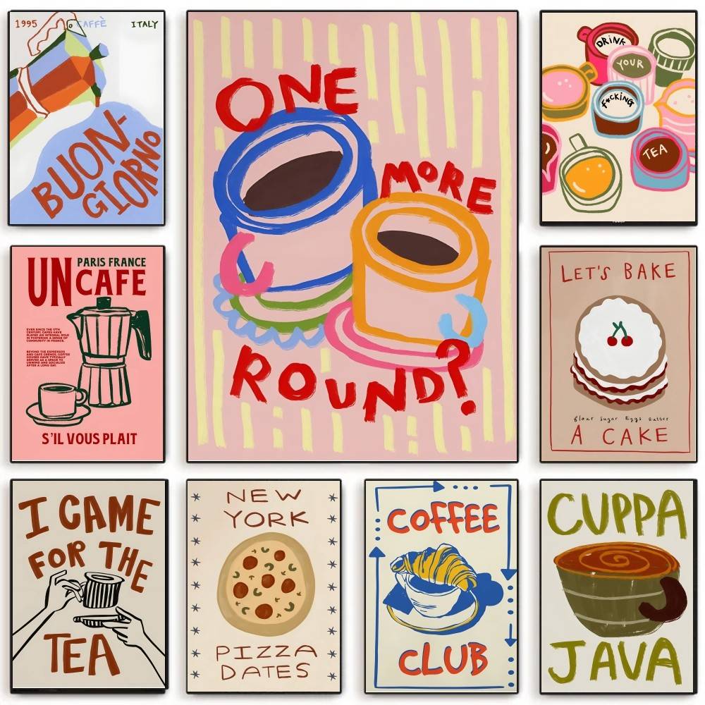 Wallpaper Coffee And Tea - コーヒーショップアフタヌーンティークロワッサンカラフルポスター自己粘着アートルームエントランスレストラン壁装飾アート絵画