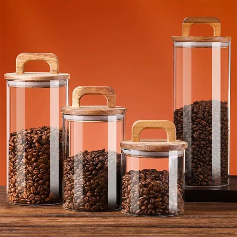 Coffee Tea Sugar Container Set - 透明なガラス瓶 竹蓋付き 密封キャニスター 食品保存容器 ルースティー コーヒー豆