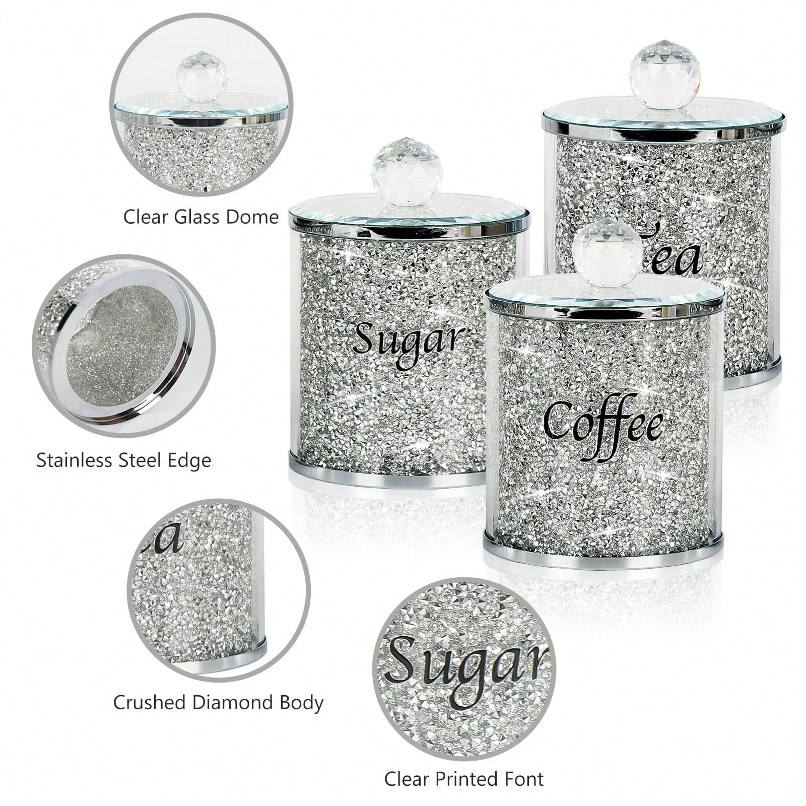 Coffee Tea Sugar Container Set - コーヒー、砂糖、紅茶用キャニスターセット、キラキラ輝くクラッシュダイヤモンドキッチン収納容器セット、4個のシルバーガラスジャー（蓋付き）、鏡面トレイ付き、キッチンカウンター、コーヒーバー、ダイニングルーム、家の装飾、新築祝いギフト
