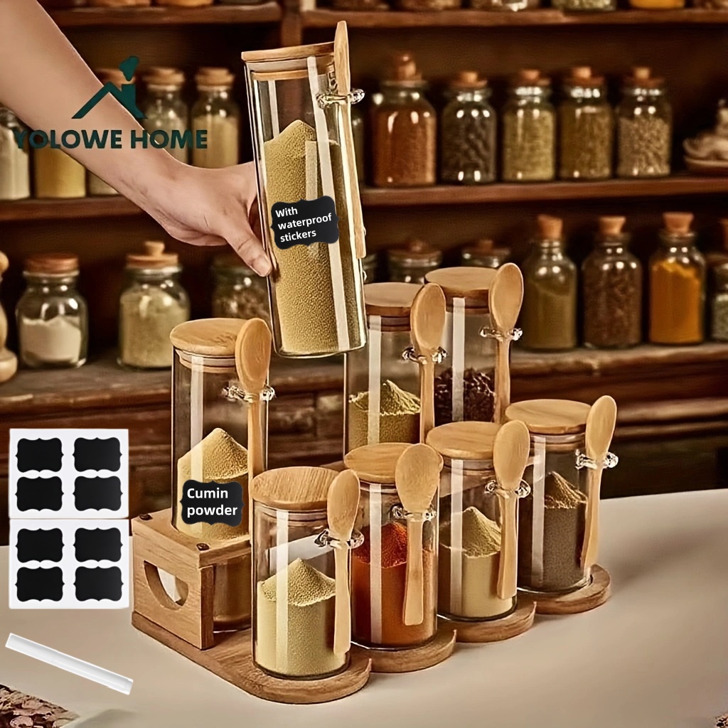 Coffee Tea Sugar Container Set - 8個入りガラス保存容器セット、収納ラック1個付き、竹蓋付きガラス瓶、キッチン用スパイスジャー、家庭のキッチンでスパイス、小麦粉、コーヒー、穀物、キャンディー、蜂蜜の保存に最適、スプーン、ラベルステッカー、ペン付き、再利用可能、ホリデーや結婚式の贈り物に最適