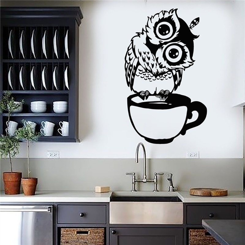 Wallpaper Coffee And Tea - 面白い漫画フクロウのティーコーヒーカップキッチンステッカー家の装飾リビングウォールステッカー