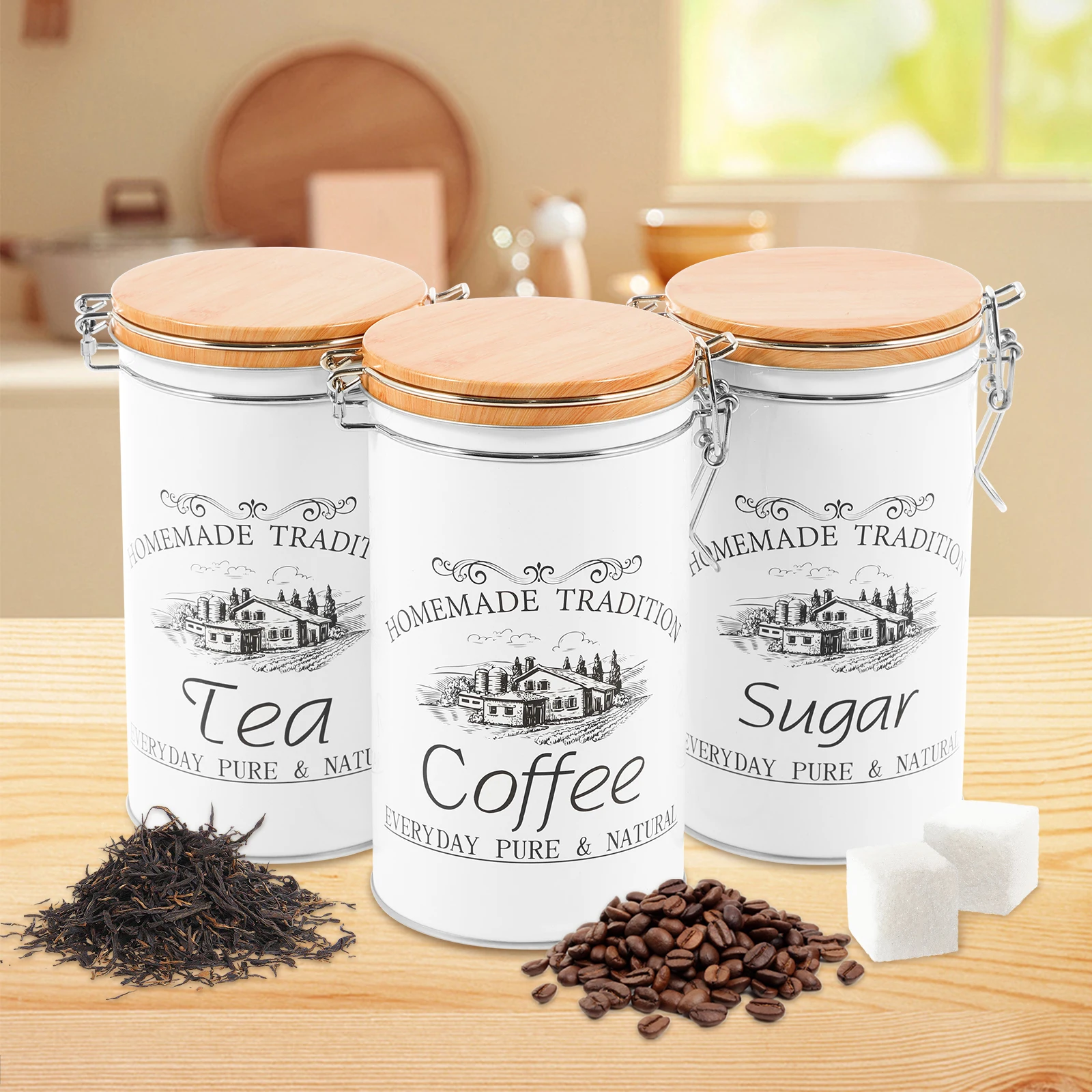 Coffee Tea Sugar Container Set - 3 ピース/セット茶コーヒー砂糖キャニスター金属コーヒー豆保存瓶多用途茶コーヒー砂糖容器キッチン食品用品