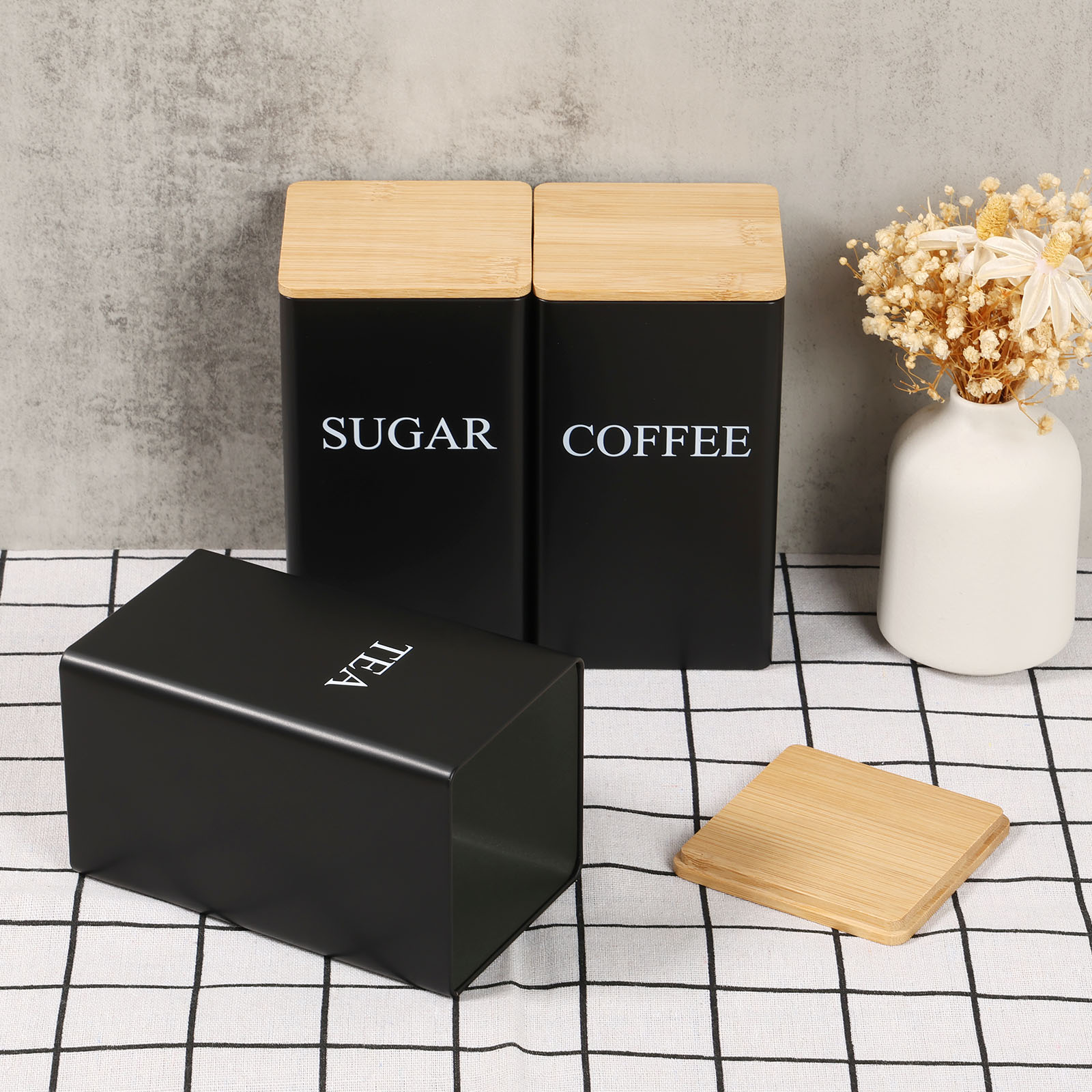 Coffee Tea Sugar Container Set - コーヒー豆保存瓶金属コーヒー紅茶砂糖容器シンプルなスタイルの密閉保管竹蓋付き茶缶キッチン用品
