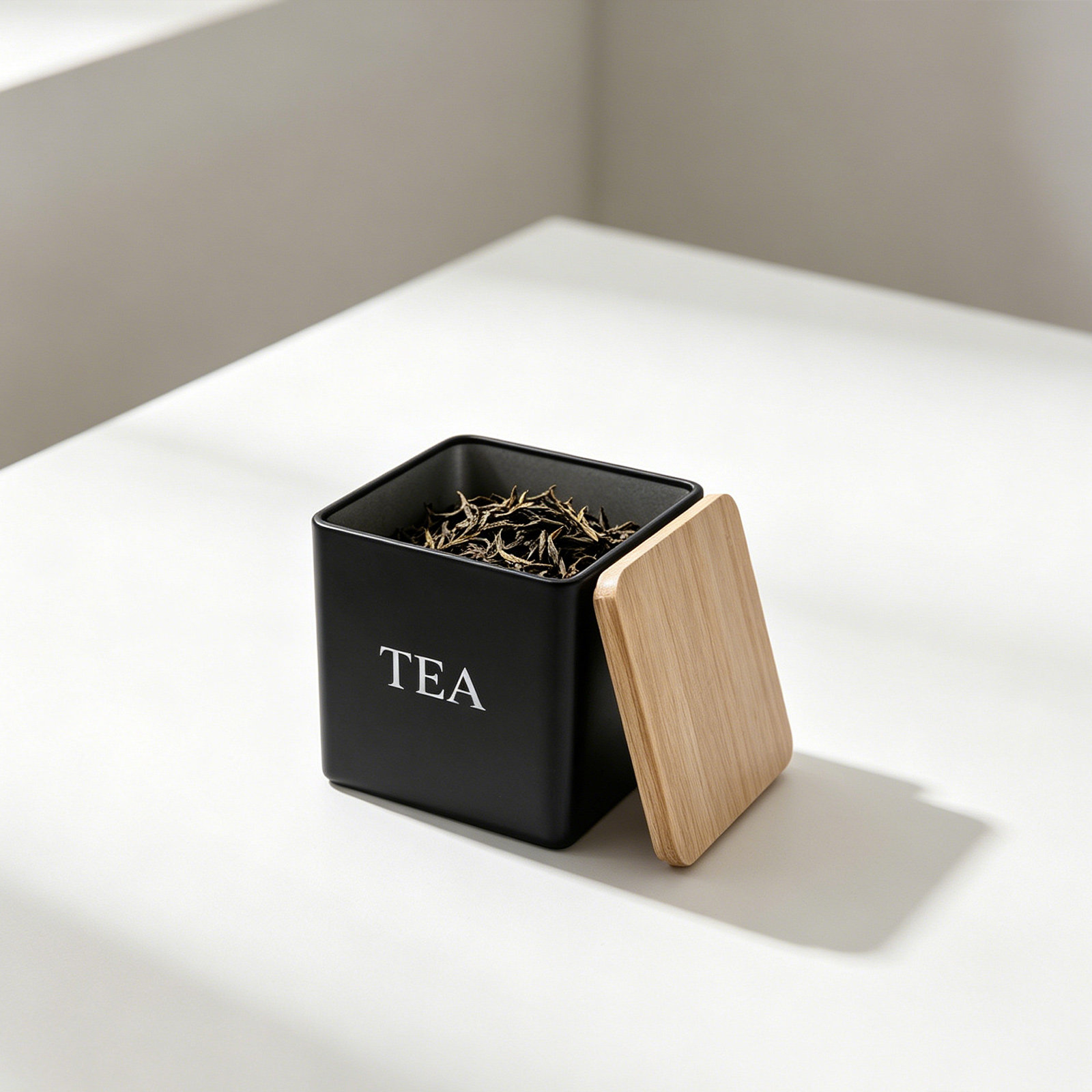 Coffee Tea Sugar Container Set - 3個入り金属製茶葉・コーヒー・砂糖キャニスターセット、竹製蓋付き600ml角型キッチン収納容器、カウンター用、ラベル付き、気密