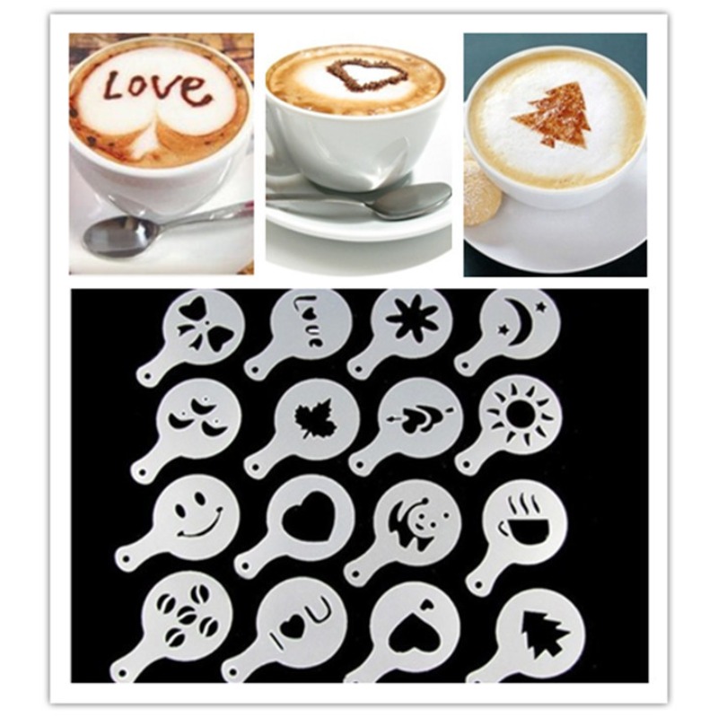 Coffee Stencil Art - 16 個のコーヒーアートステンシルバリスタツールラテカプチーノケーキデコレーションアクセサリー用