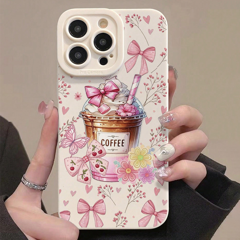 ピンクのリボンとコーヒー柄のミルクティープリントスマホケース - Coffee Plus Tea のレビューと価格