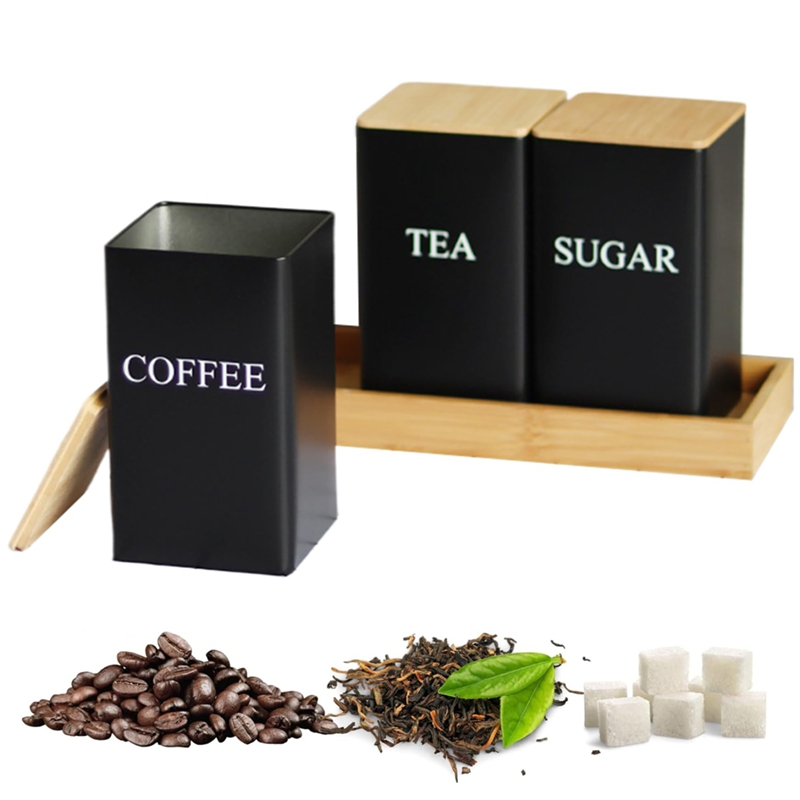 3個セット 茶葉・コーヒー・砂糖用キャニスターセット トレイ - Coffee Tea Sugar Container Set のレビューと価格