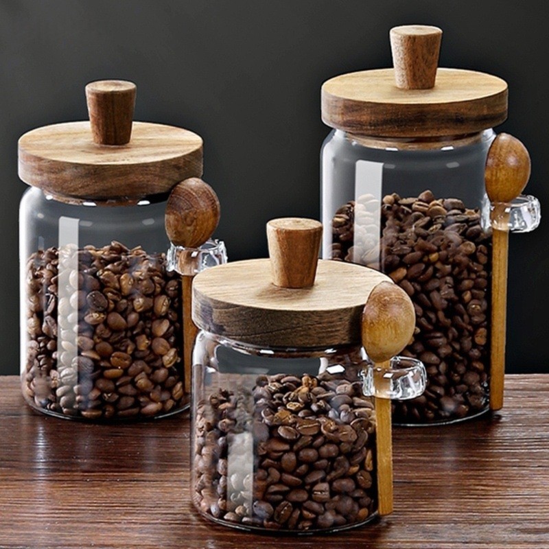 ABJIガラスジャー 木製蓋とスプーン付き 13オンス、20 - Coffee Tea Sugar Container Set のレビューと価格