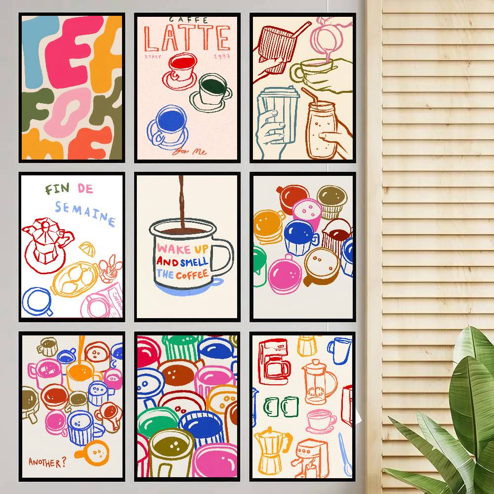 色の美学レトロキッチンコーヒーラテティーポスター自己粘着アー - Wallpaper Coffee And Tea のレビューと価格