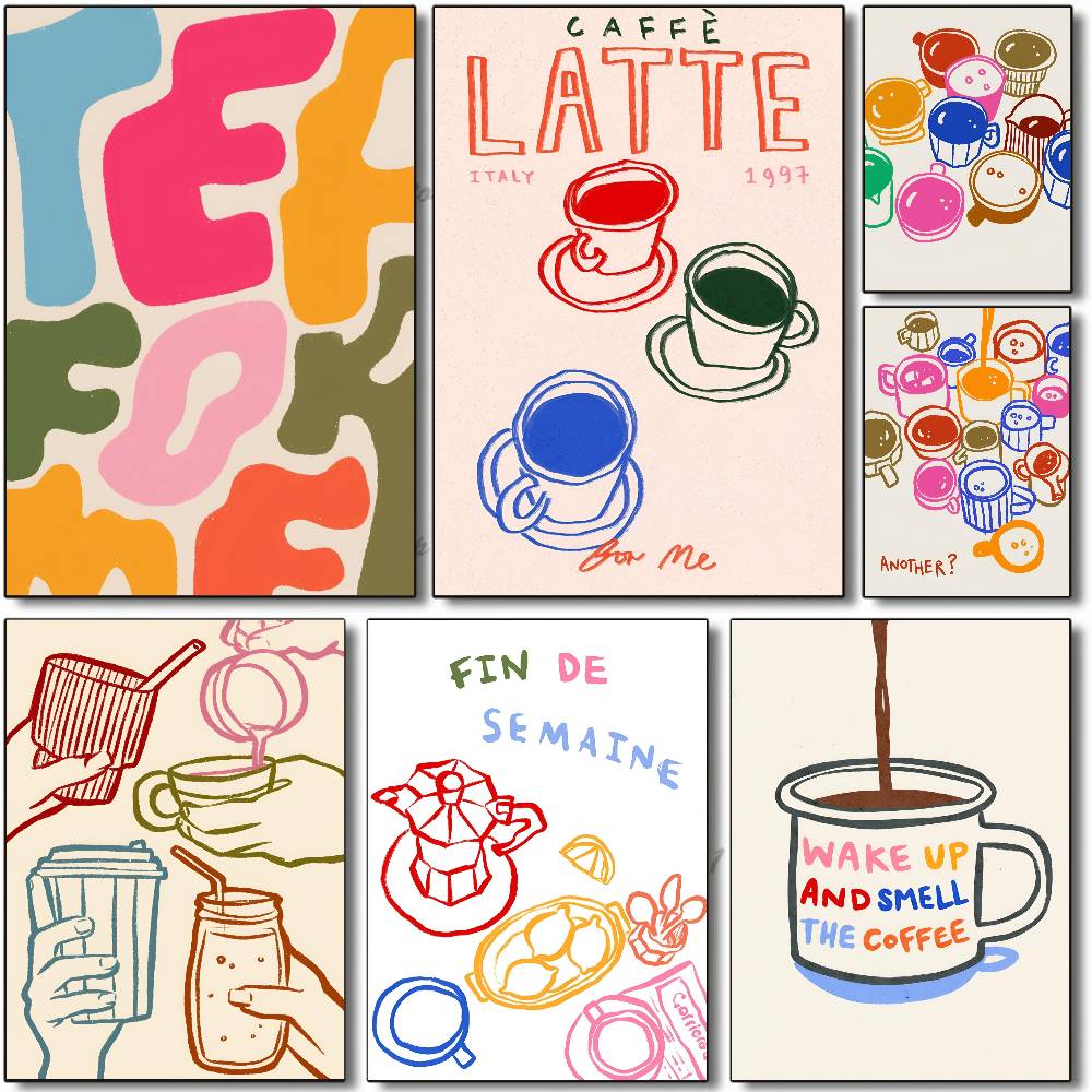 色の美学レトロキッチンコーヒーラテティーポスター自己粘着アー - Wallpaper Coffee And Tea のレビューと価格