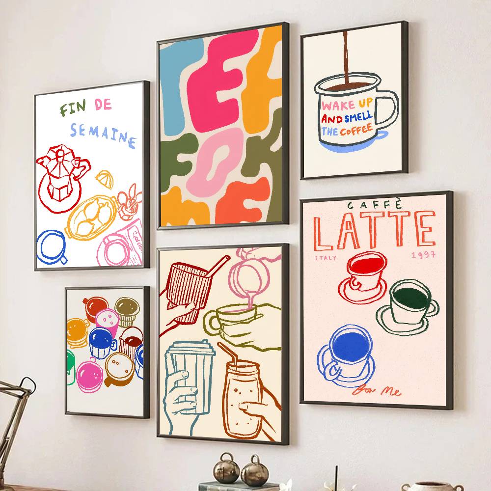 色の美学レトロキッチンコーヒーラテティーポスター自己粘着アー - Wallpaper Coffee And Tea のレビューと価格