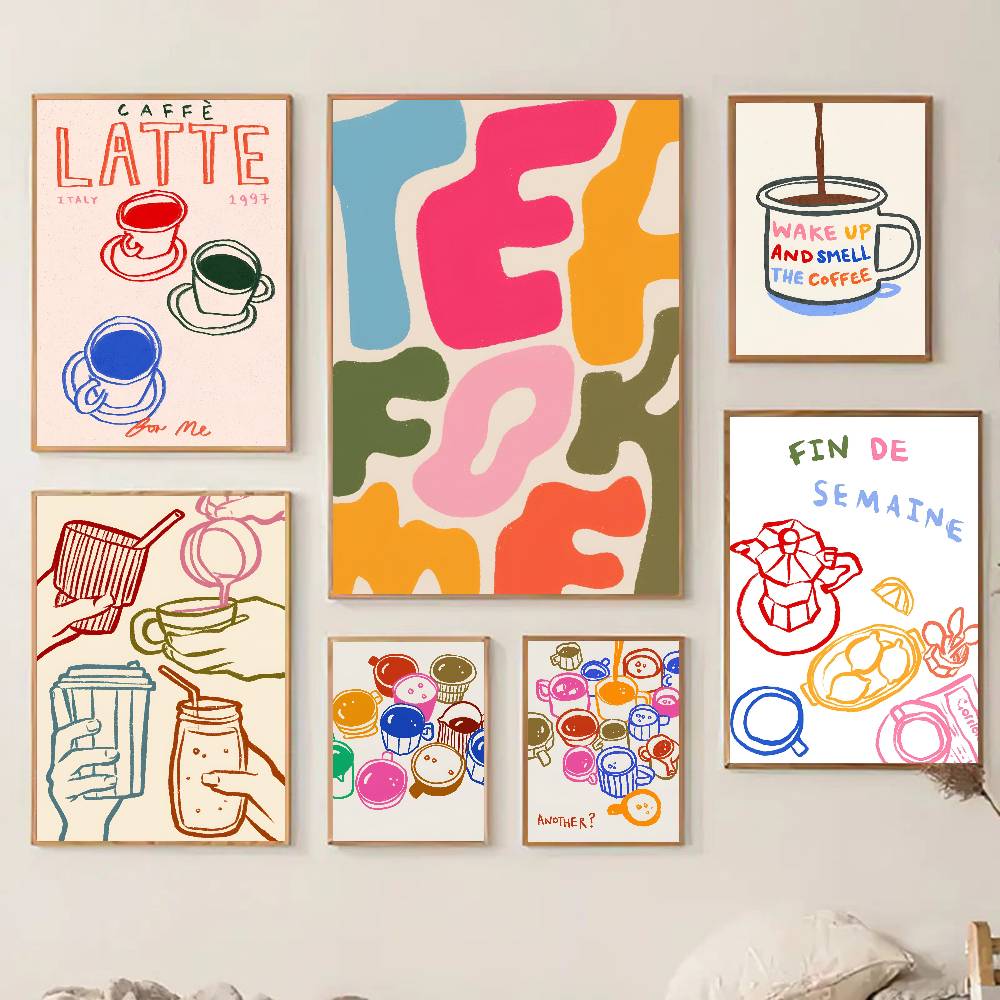 色の美学レトロキッチンコーヒーラテティーポスター自己粘着アー - Wallpaper Coffee And Tea のレビューと価格
