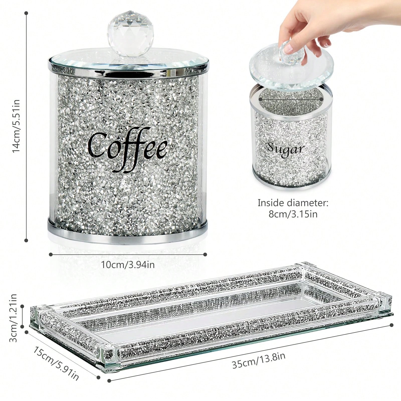 コーヒー、砂糖、紅茶用キャニスターセット、キラキラ輝くクラッ - Coffee Tea Sugar Container Set のレビューと価格
