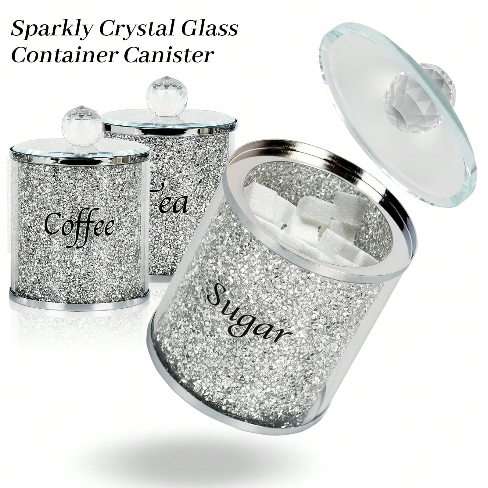 コーヒー、砂糖、紅茶用キャニスターセット、キラキラ輝くクラッ - Coffee Tea Sugar Container Set のレビューと価格