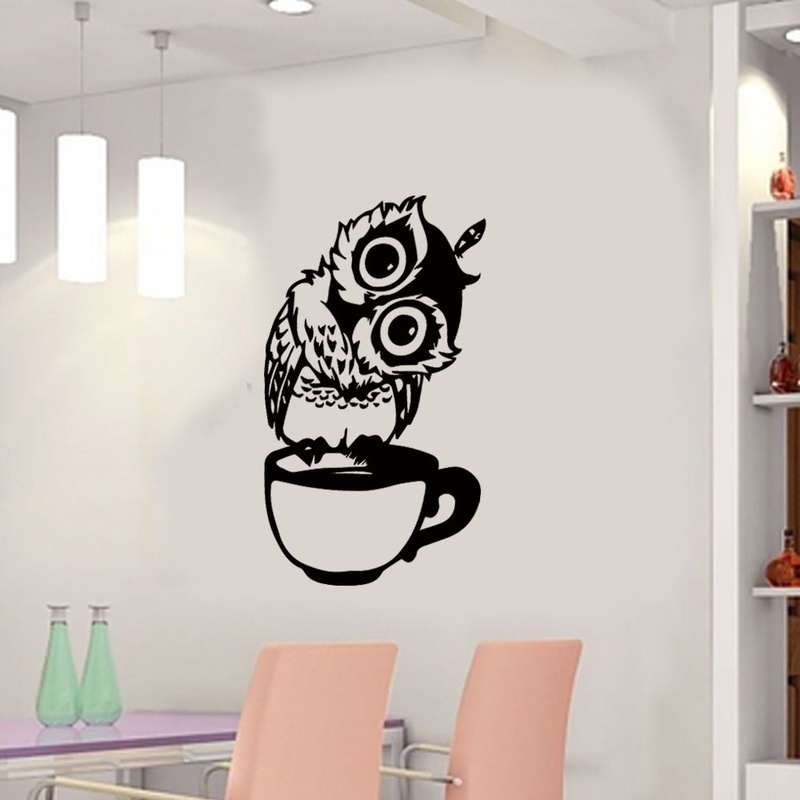 面白い漫画フクロウのティーコーヒーカップキッチンステッカー家 - Wallpaper Coffee And Tea のレビューと価格