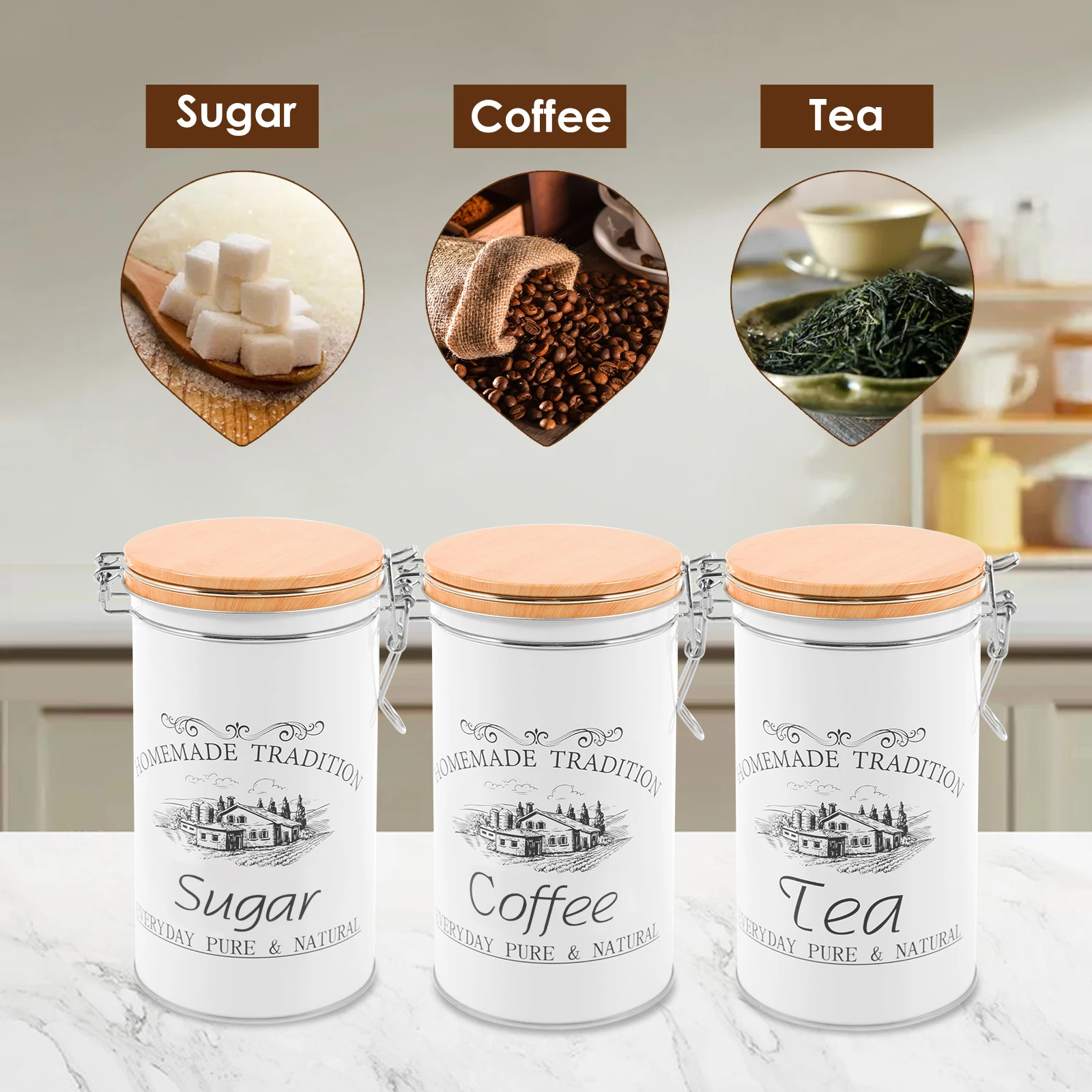 3 ピース/セット茶コーヒー砂糖キャニスター金属コーヒー豆保 - Coffee Tea Sugar Container Set のレビューと価格