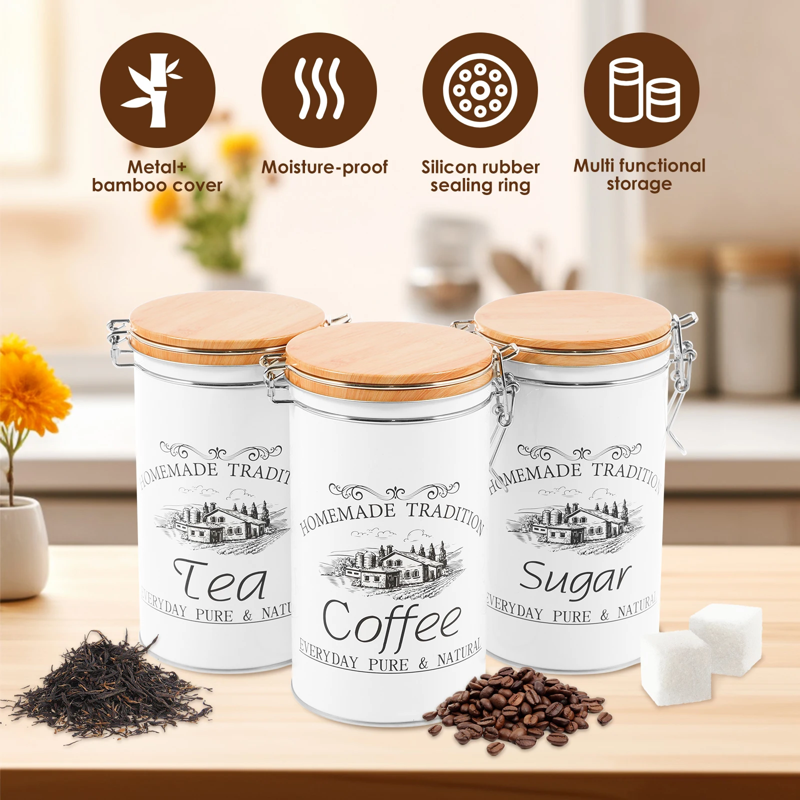 3 ピース/セット茶コーヒー砂糖キャニスター金属コーヒー豆保 - Coffee Tea Sugar Container Set のレビューと価格